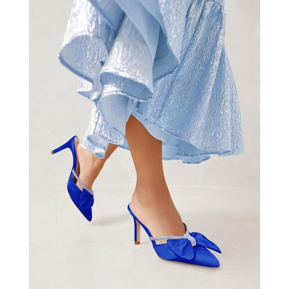 Blue Satin Bow Heels Womens Pointed Rhinestone Closed Toe Sandals Wedding Shoes - Picture 2 of 6